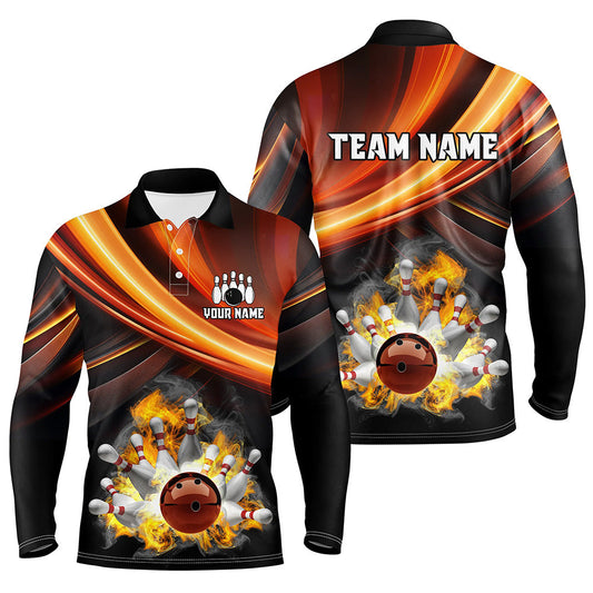 Personalized Black and Orange Smoke Flame Bowling Polo, 1/4 Zip Shirts For Men, cool bowling jerseys NQS8359