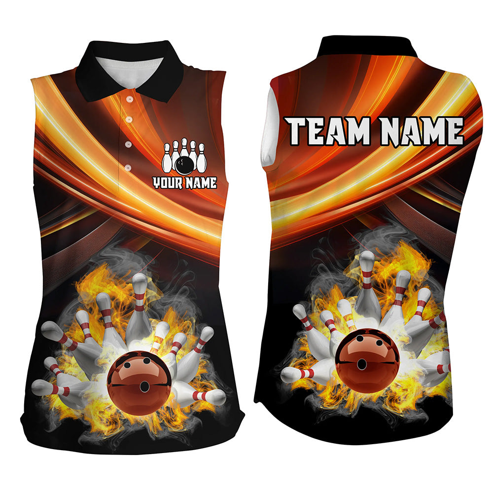 Personalized Black and Orange Smoke Flame Bowling Sleeveless Polo Shirts, cool bowling jerseys NQS8359