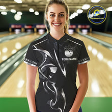 Load image into Gallery viewer, Black and Silver crown Bowling ball Polo, Quarter Zip Shirts for Women Custom Bowling Team jerseys NQS10537