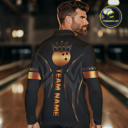 Black and Orange crown Bowling ball Polo, Quarter Zip Shirts for Men Custom Bowling Team jerseys NQS10538