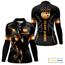 Load image into Gallery viewer, Black and Orange crown Bowling ball Polo, Quarter Zip Shirts for Women Custom Bowling Team jerseys NQS10538