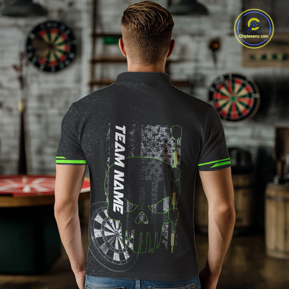 Black & White grunge American Flag Skull Mens Darts Shirt Custom patriotic Team Darts Jersey | Green NQS10748