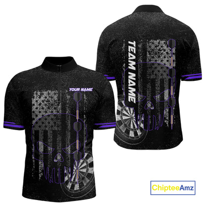 Black & White grunge American Flag Skull Mens Darts Shirt Custom patriotic Team Darts Jersey | Purple NQS10750