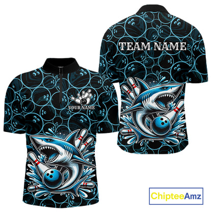 Black and Blue Camo Shark Bowling Polo, Quarter Zip Shirt For Men Custom Team Shark Bowling jerseys NQS11338