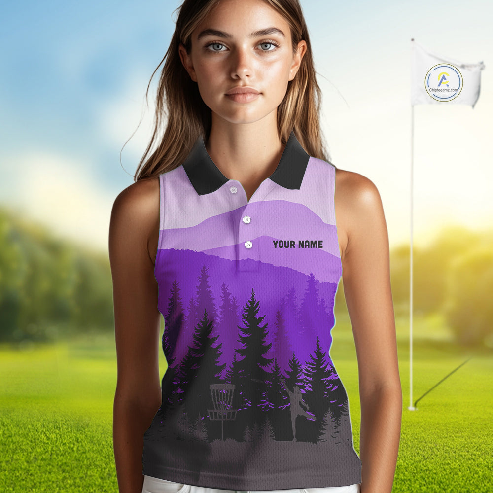Purple pattern forest Womens sleeveless polo shirt Custom team disc golf jerseys for ladies NQS10028