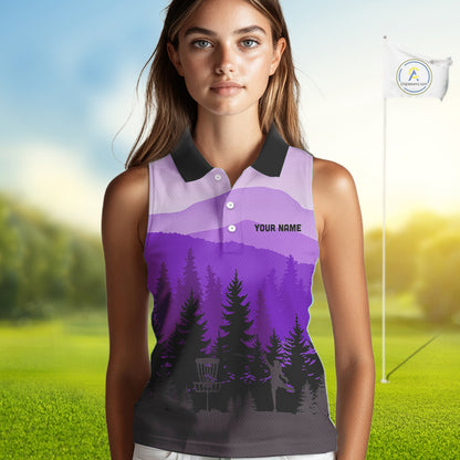 Purple pattern forest Womens sleeveless polo shirt Custom team disc golf jerseys for ladies NQS10028