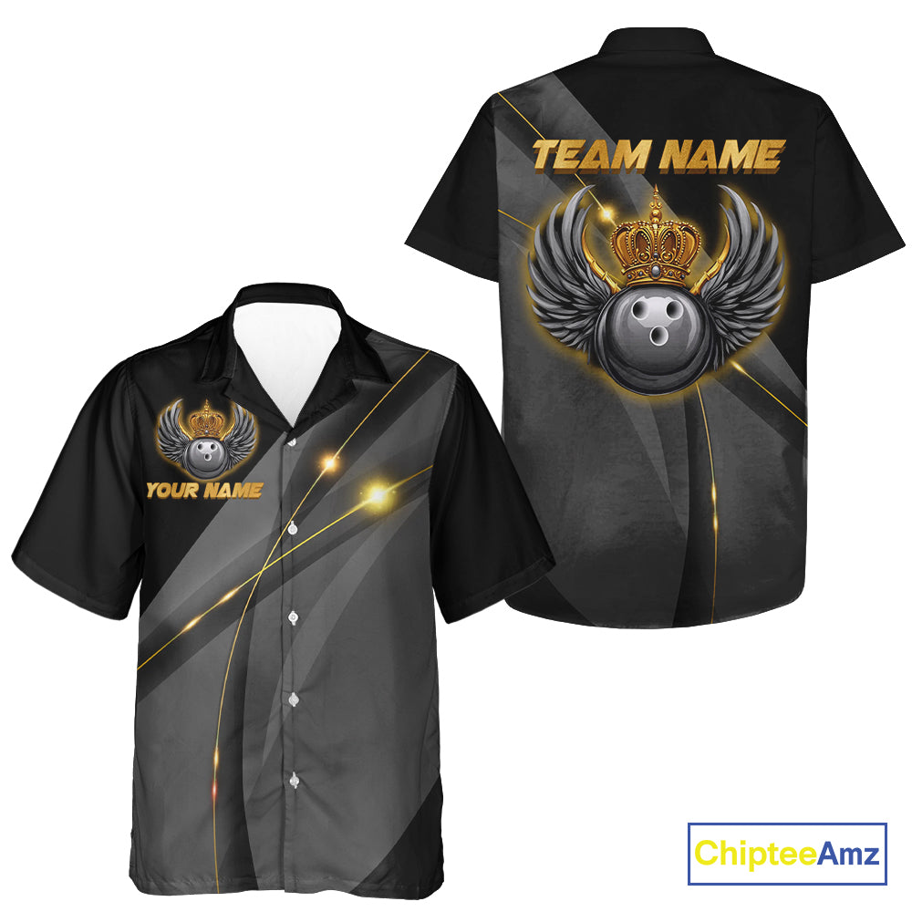 Black and Gold Crown Bowling ball wings Bowling Hawaiian shirt Custom Bowling Team Outfits NQS10549