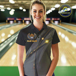 Black and Gold Crown Bowling ball wings Bowling Shirts For Women Custom Bowling Team Outfits NQS10549