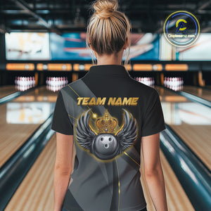 Black and Gold Crown Bowling ball wings Bowling Shirts For Women Custom Bowling Team Outfits NQS10549