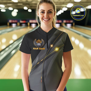 Black and Gold Crown Bowling ball wings Bowling Shirts For Women Custom Bowling Team Outfits NQS10549