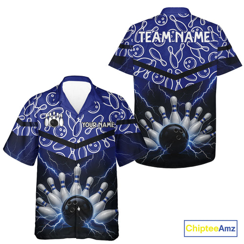 Blue camo Lightning Thunder Hawaiian bowling jersey Custom Team button up bowling shirts NQS10962