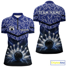 Load image into Gallery viewer, Blue camo Lightning Thunder Bowling Shirts For Women Custom Team 1/4 Zip, Polo style bowling shirts NQS10962