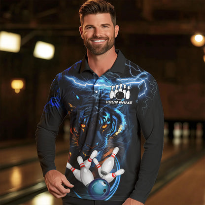 Personalized Blue Lightning Thunder Storm Tiger Bowling Shirts For Men Custom Bowling Team Jerseys NQS9466
