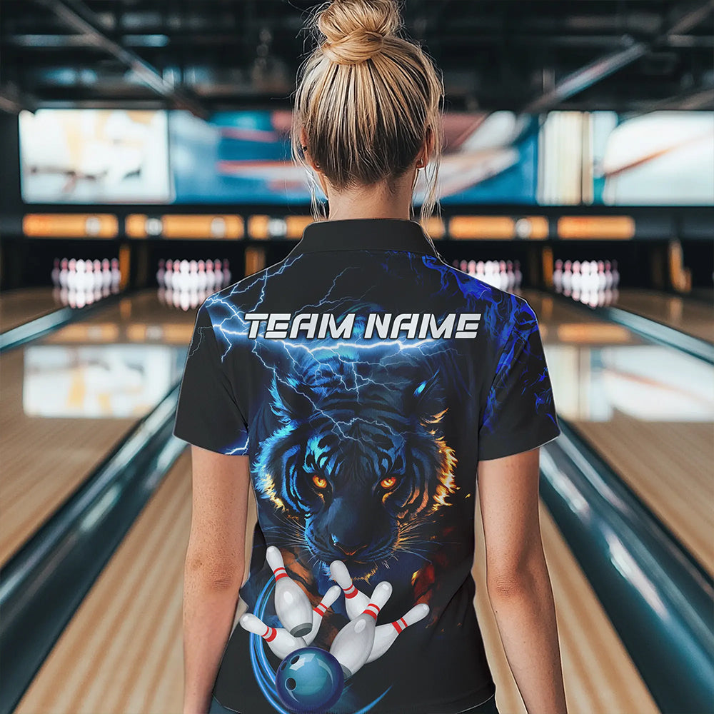 Personalized Blue Lightning Thunder Storm Tiger Bowling Shirts For Women Custom Bowling Team Jerseys NQS9466