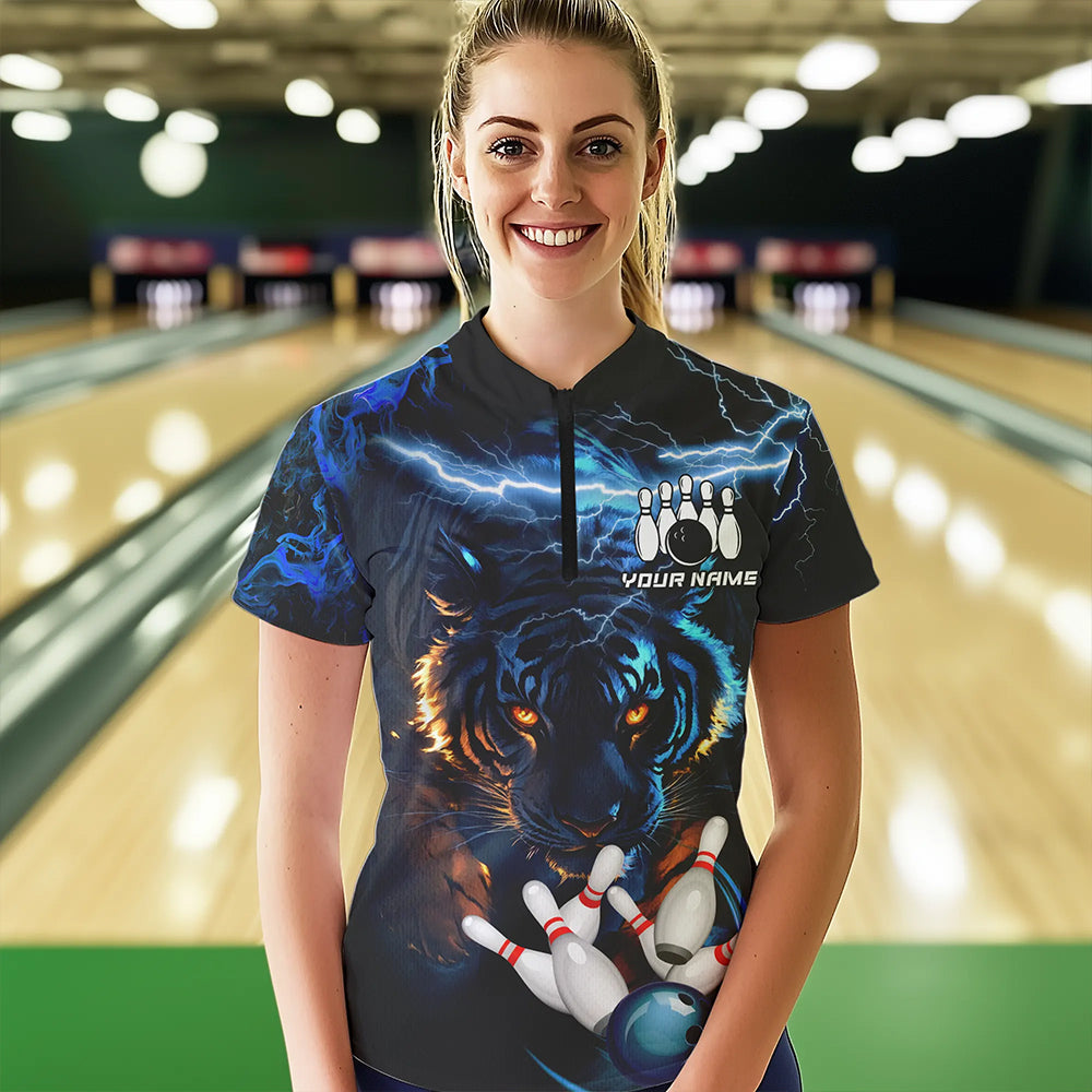 Personalized Blue Lightning Thunder Storm Tiger Bowling Shirts For Women Custom Bowling Team Jerseys NQS9466