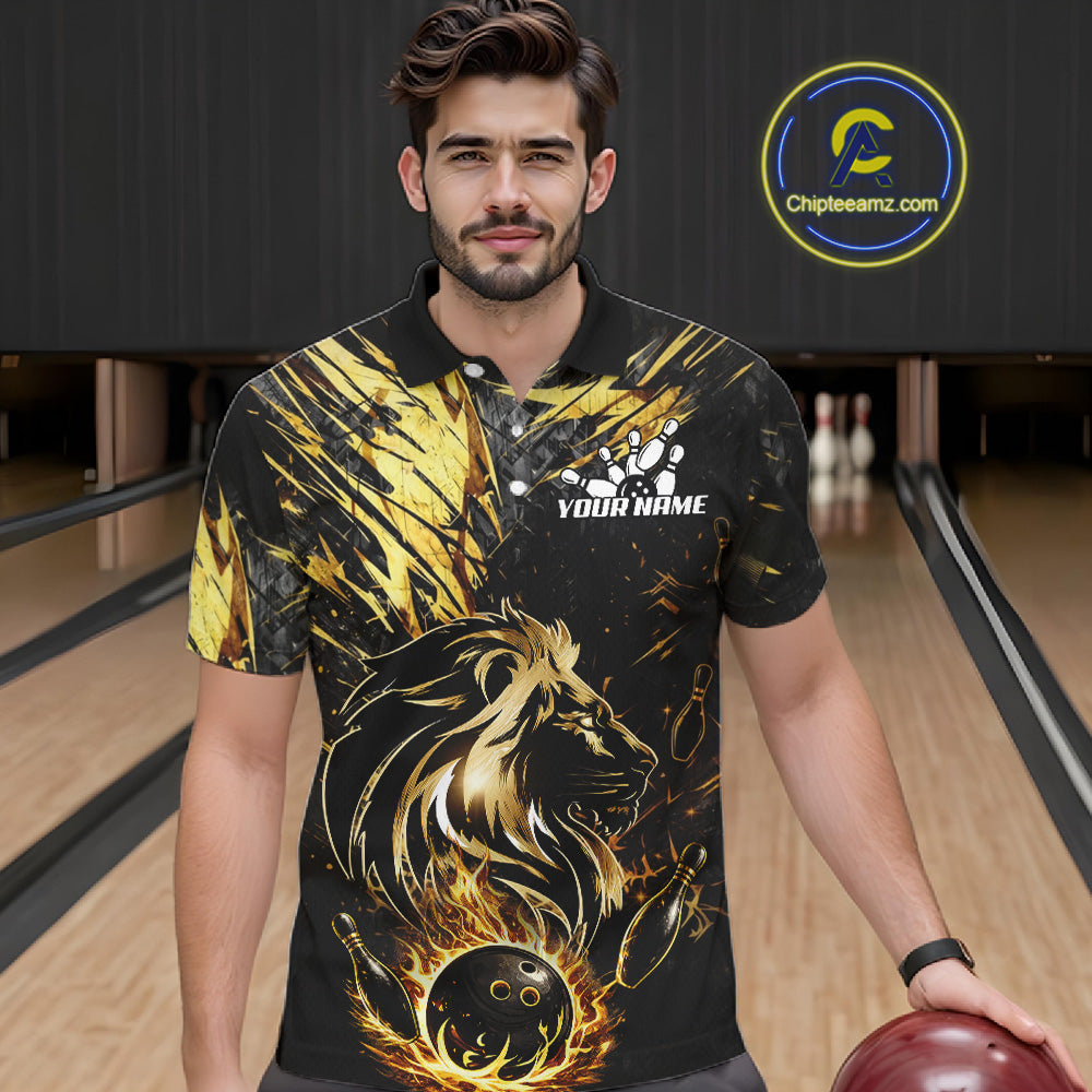 Black and Gold Lion Bowling Polo, 1/4 Zip Shirt for Men Custom Lion Bowling Team jerseys NQS11682