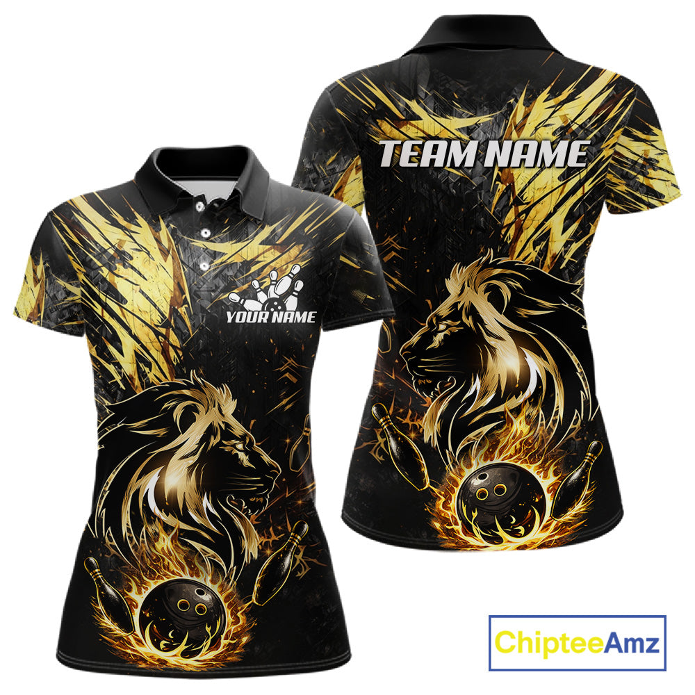 Black and Gold Lion Bowling Polo, 1/4 Zip Shirt for Women Custom Lion Bowling Team jerseys NQS11682