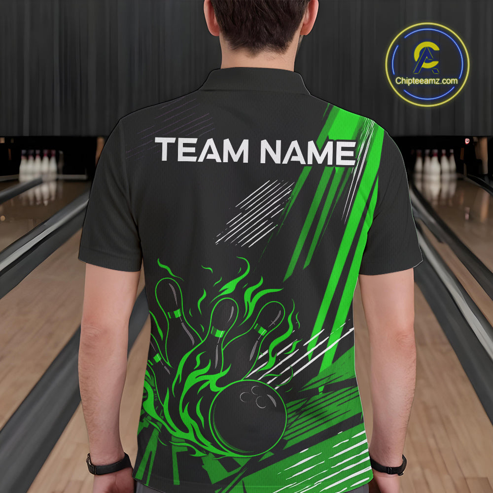 Black and Green Flame Bowling Polo, Quarter Zip Shirts For Men Custom Bowling Outfit Team Jerseys NQS10193