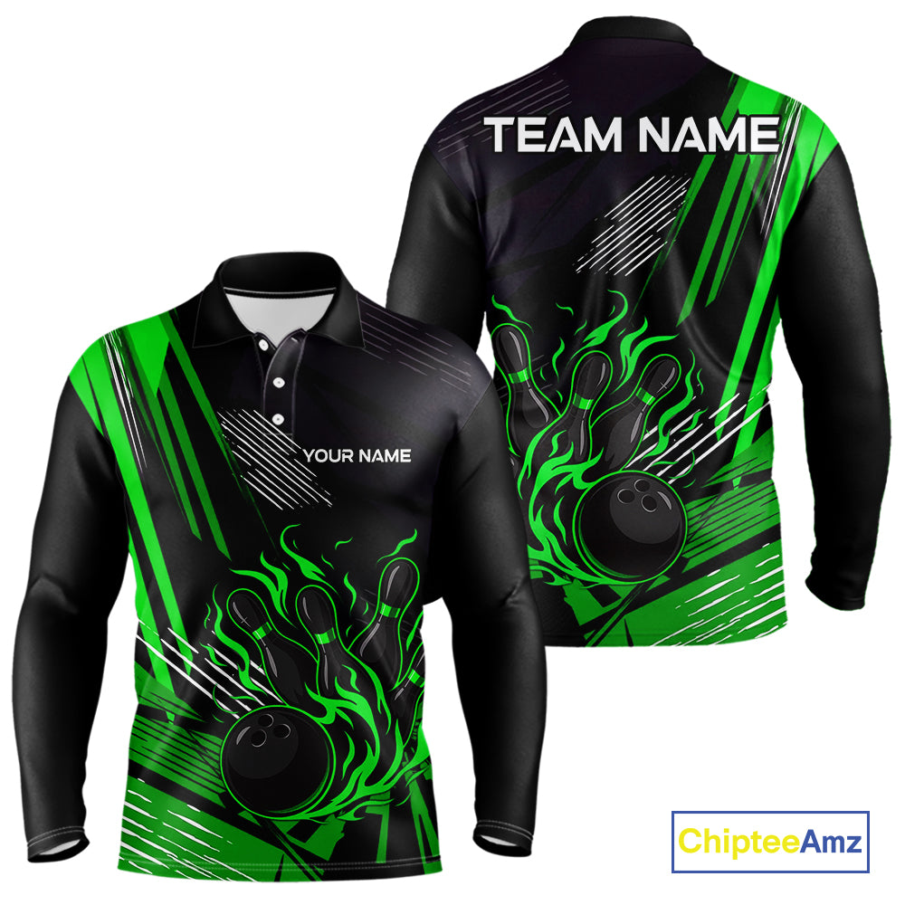 Black and Green Flame Bowling Polo, Quarter Zip Shirts For Men Custom Bowling Outfit Team Jerseys NQS10193