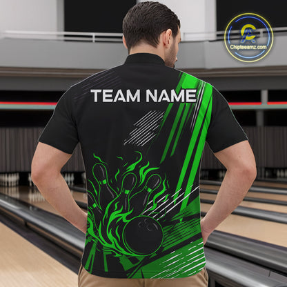 Black and Green Flame Bowling Polo, Quarter Zip Shirts For Men Custom Bowling Outfit Team Jerseys NQS10193
