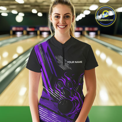 Black and Purple Flame Bowling Polo, Quarter Zip Shirts For Women Custom Bowling Outfit Team Jerseys NQS10194