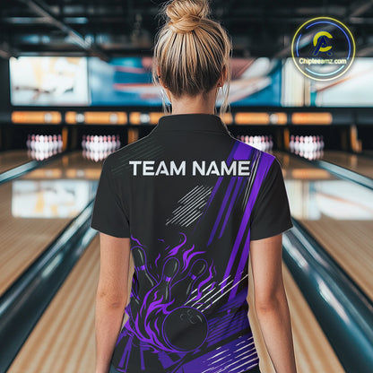 Black and Purple Flame Bowling Polo, Quarter Zip Shirts For Women Custom Bowling Outfit Team Jerseys NQS10194