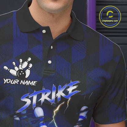 Blue Camo strike Men's Bowling Polo, Quarter Zip Shirt Custom Team Bowling jersey, gift for bowler NQS10343