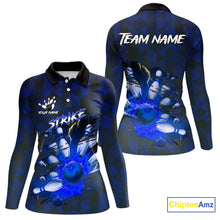 Load image into Gallery viewer, Blue Camo strike Women&#39;s Bowling Polo, Quarter Zip Shirt Custom Team Bowling jersey, gift for bowler NQS10343