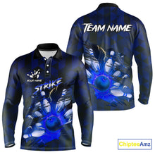 Load image into Gallery viewer, Blue Camo strike Men&#39;s Bowling Polo, Quarter Zip Shirt Custom Team Bowling jersey, gift for bowler NQS10343