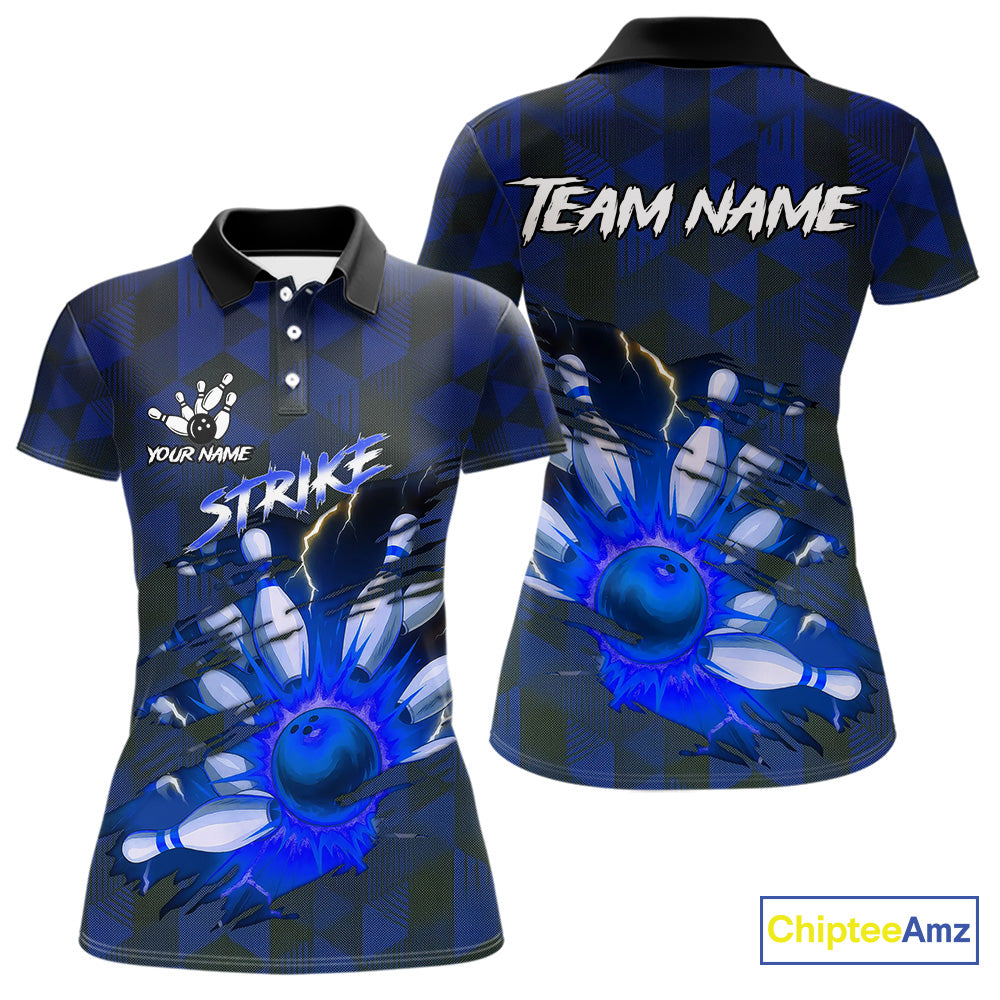 Blue Camo strike Women's Bowling Polo, Quarter Zip Shirt Custom Team Bowling jersey, gift for bowler NQS10343