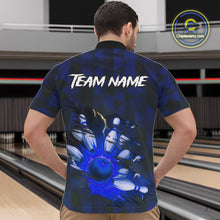 Load image into Gallery viewer, Blue Camo strike Men&#39;s Bowling Polo, Quarter Zip Shirt Custom Team Bowling jersey, gift for bowler NQS10343