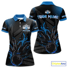 Load image into Gallery viewer, Personalized Black and Blue Flame Bowling Polo, 1/4 Zip Shirts For Women, Custom bowling Team Jerseys NQS10771