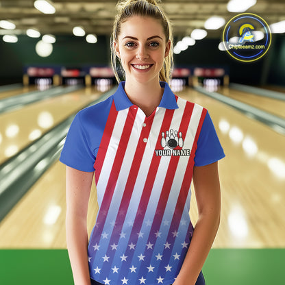 Red, White and Blue US Flag Bowling Shirts for Women Custom Patriotic Bowling Team Jerseys NQS11148