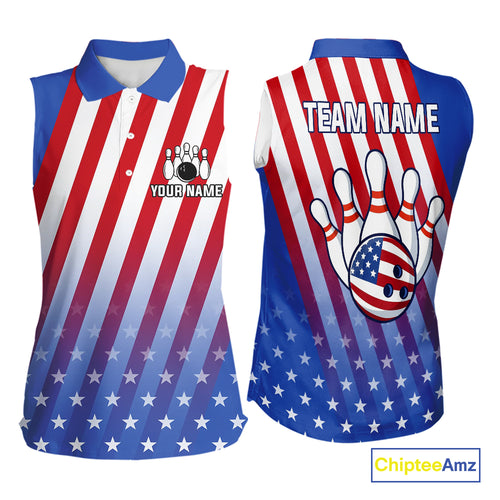Red, White and Blue US Flag Bowling Sleeveless Polo Shirt Custom Patriotic Bowling Team Jerseys NQS11148
