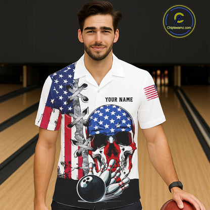 American Flag Skull Bowling Button-up Shirt Custom Patriotic Hawaiian Bowling Team jerseys NQS11694