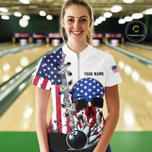 Load image into Gallery viewer, American Flag Skull Bowling Polo, Quarter Zip Shirts for Women Custom Patriotic Bowling Team jerseys NQS11694