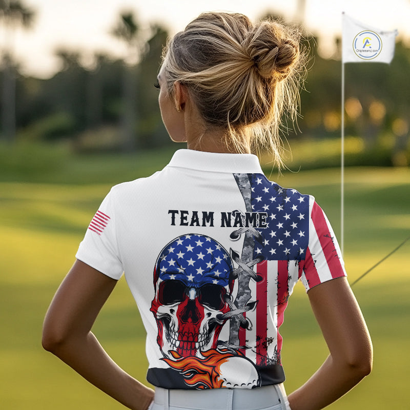 American Flag Skull Flame Golf Ball Womens Golf Polo shirts Custom Patriotic golf attire for ladies NQS11695