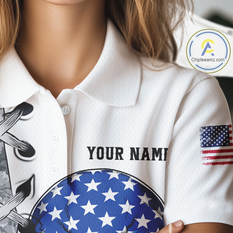 American Flag Skull Flame Golf Ball Womens Golf Polo shirts Custom Patriotic golf attire for ladies NQS11695