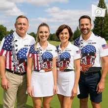 Load image into Gallery viewer, American Flag Skull Flame Golf Ball Womens Golf Polo shirts Custom Patriotic golf attire for ladies NQS11695