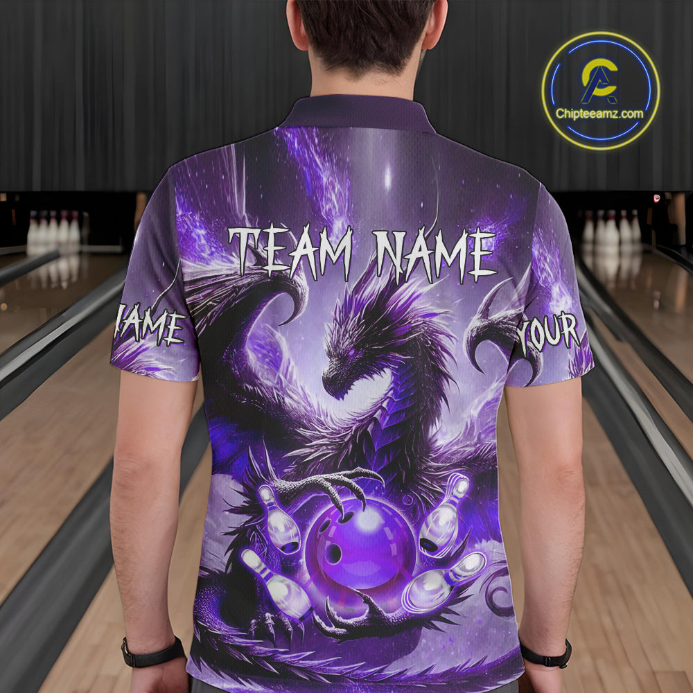 Personalized Purple Lights Dragon Mens Bowling Polo, 1/4 Zip Shirt Custom Team Bowling League Jersey NQS10200