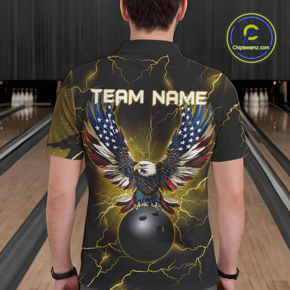 Yellow lightning thunder bowling American flag Eagle custom Mens Bowling Polo, Quarter Zip Shirts NQS10557
