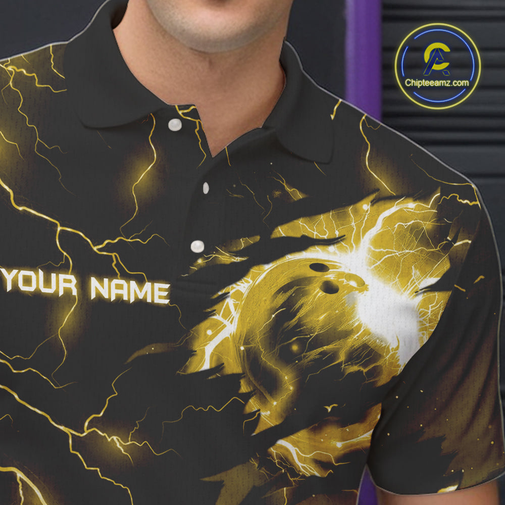 Yellow lightning thunder bowling American flag Eagle custom Mens Bowling Polo, Quarter Zip Shirts NQS10557