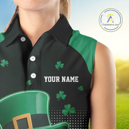 Green clover Golf Ball Women's Sleeveless polo golf shirts Custom St Patrick team golf top for ladies NQS10777