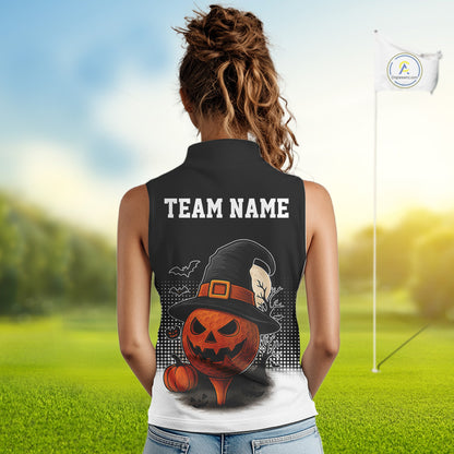 Black & Orange Funny pumpkin Golf Ball Women Sleeveless polo shirt Custom Halloween ladies golf wear NQS10778