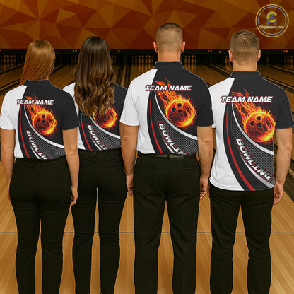 Personalized Black & White Red Flame Bowling Polo, 1/4 zip Team Shirts For Women, Gifts For Bowlers NQS11358