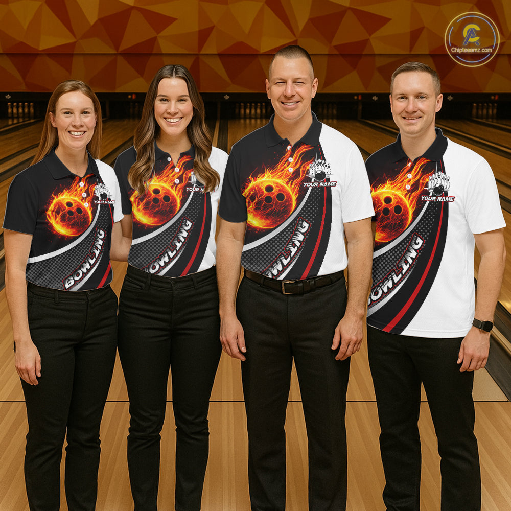 Personalized Black & White Red Flame Bowling Polo, 1/4 zip Team Shirts For Women, Gifts For Bowlers NQS11358