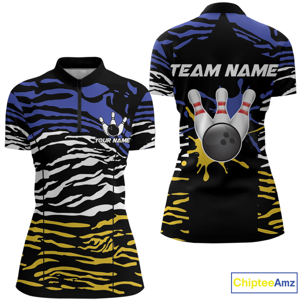 Blue, Yellow and White Tiger Skin Pattern Bowling Shirts For Women Custom Bowling Team jerseys NQS9803