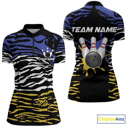 Blue, Yellow and White Tiger Skin Pattern Bowling Shirts For Women Custom Bowling Team jerseys NQS9803