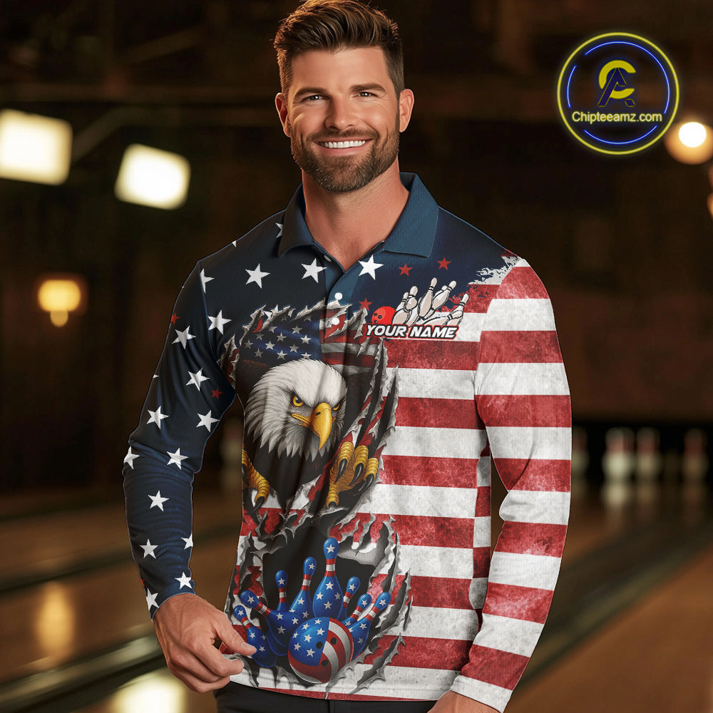 Vintage American Flag Eagle Bowling Polo, 1/4 Zip Shirt for Men Custom Patriotic Team Bowling Jersey NQS10569