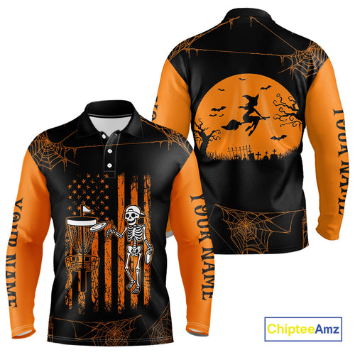 Black and Orange American Flag Halloween disc golf skull custom Men disc golf polo shirts NQS10785